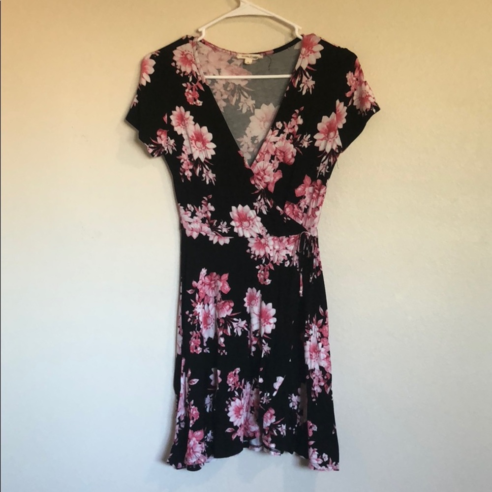 Black dress with pink flower pattern